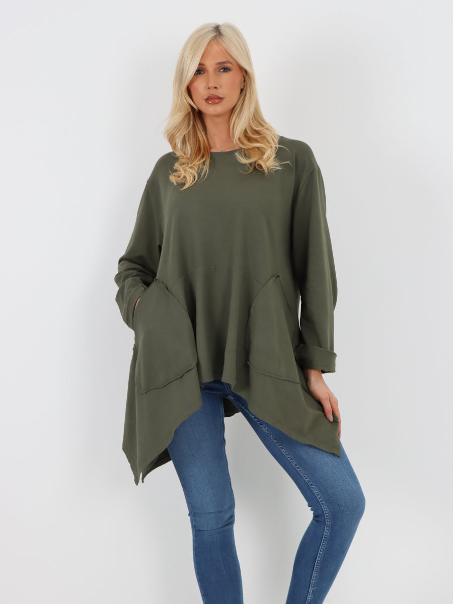 Italian Diagonal Pockets Cotton Tunic Top - Army Green