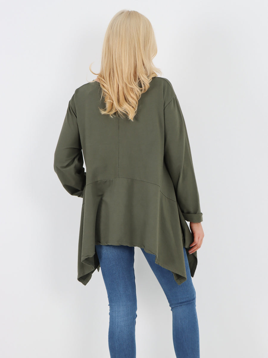 Italian Diagonal Pockets Cotton Tunic Top - Army Green