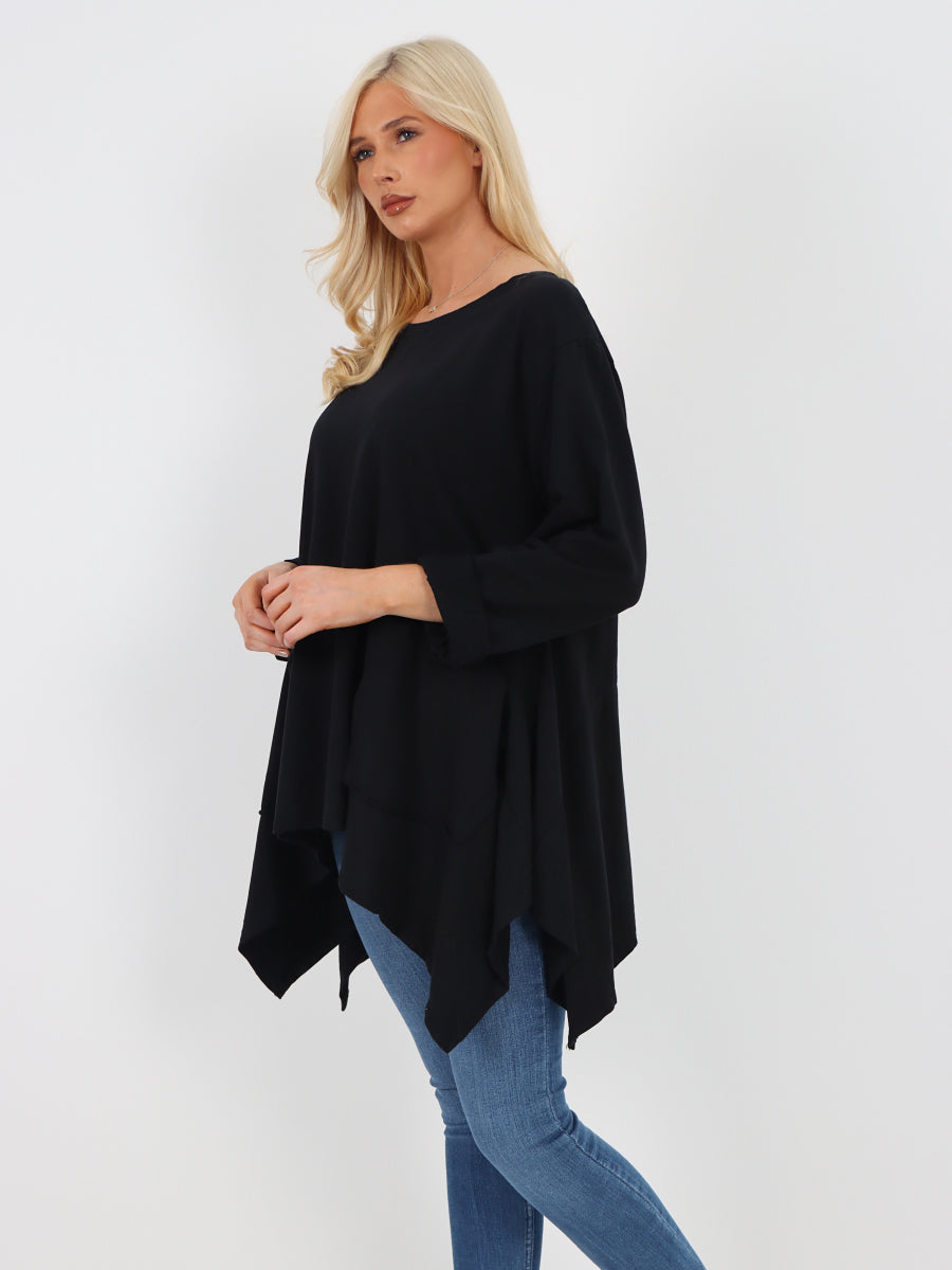 Italian Diagonal Pockets Cotton Tunic Top - Black