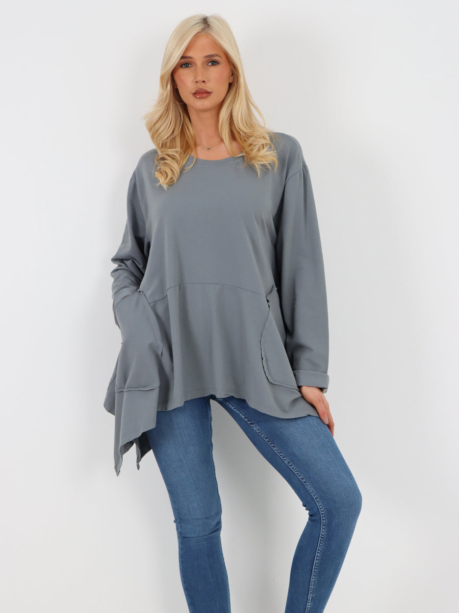 Italian Diagonal Pockets Cotton Tunic Top - Grey