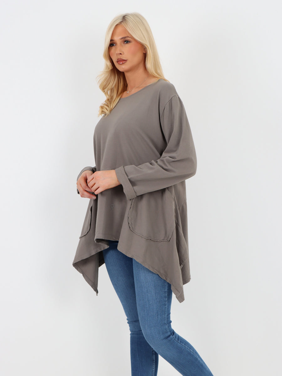 Italian Diagonal Pockets Cotton Tunic Top - Mocha