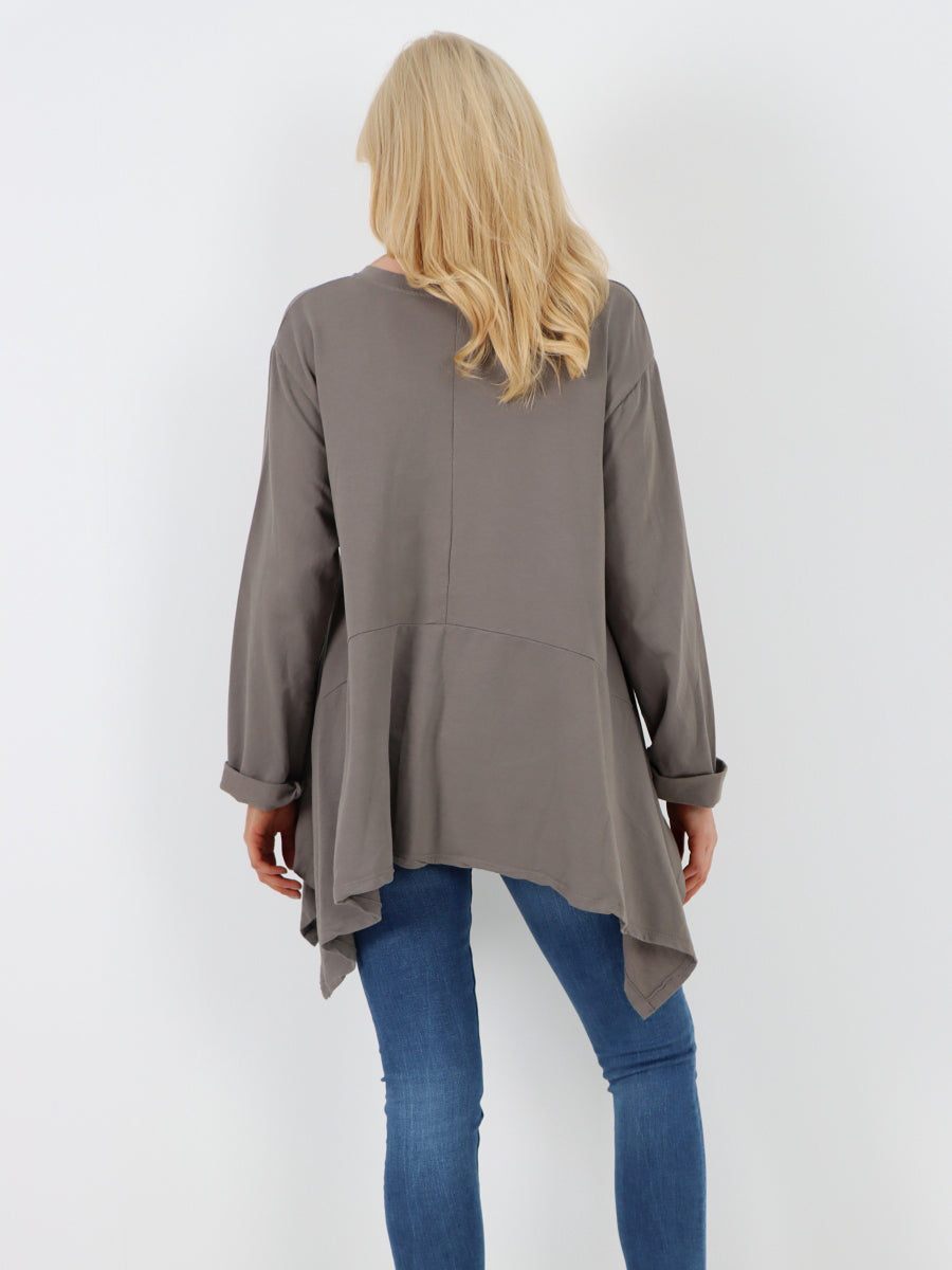 Italian Diagonal Pockets Cotton Tunic Top - Mocha