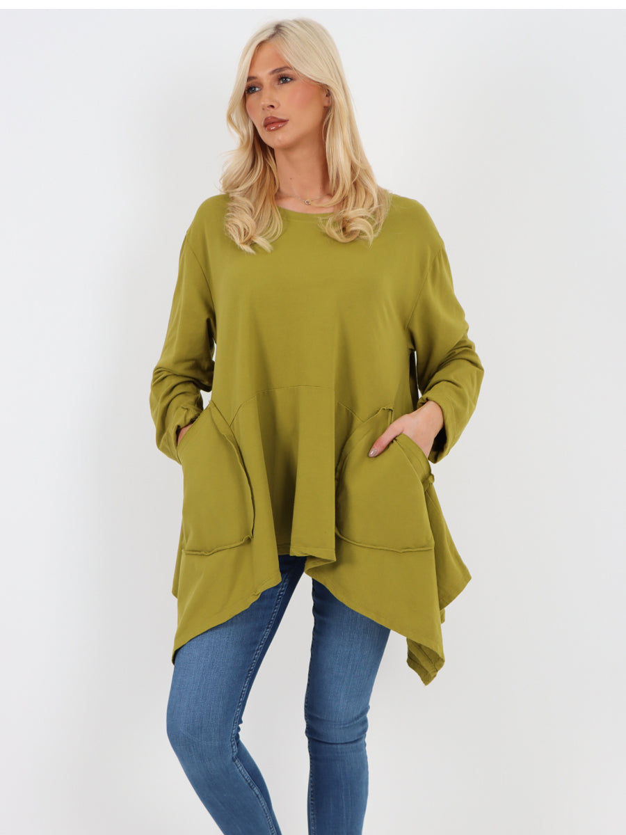 Italian Diagonal Pockets Cotton Tunic Top - Mustard