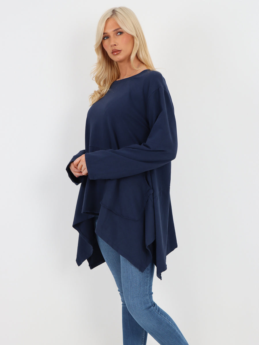 Italian Diagonal Pockets Cotton Tunic Top - Navy