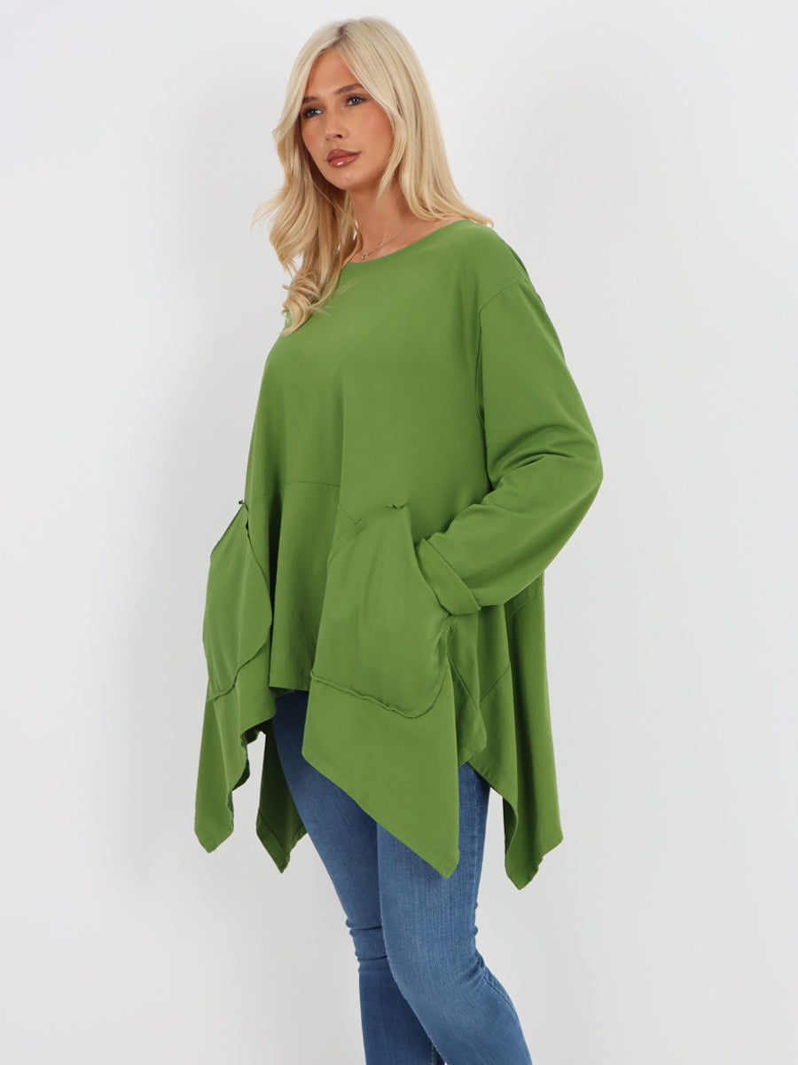 Italian Diagonal Pockets Cotton Tunic Top - Olive