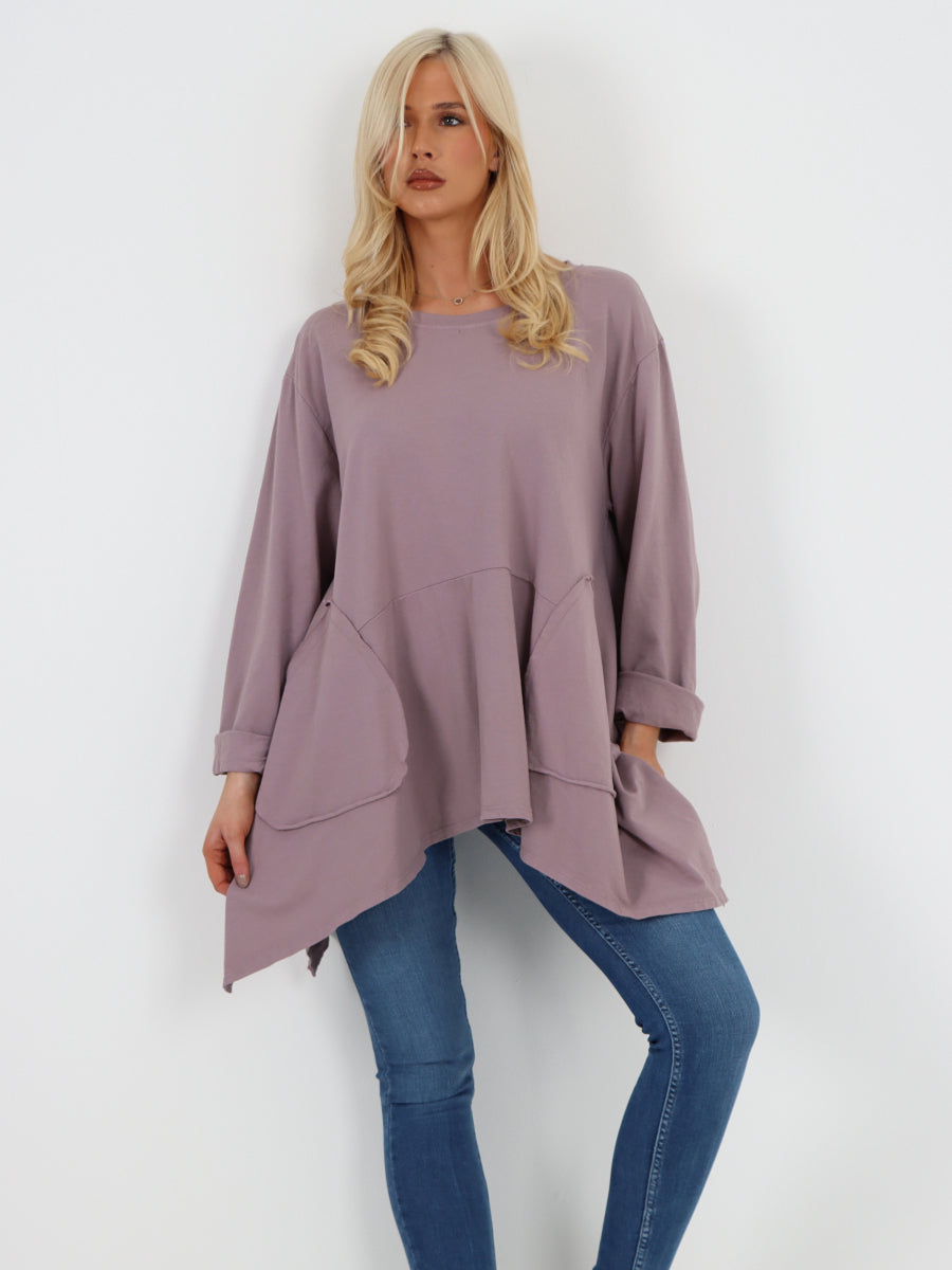 Italian Diagonal Pockets Cotton Tunic Top - Tea Pink