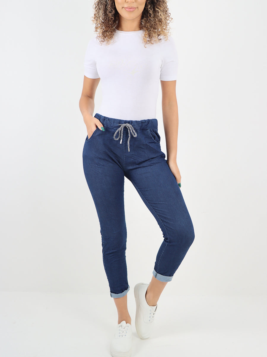 Italian Drawstring Waist Denim Magic Pants - Dark Denim