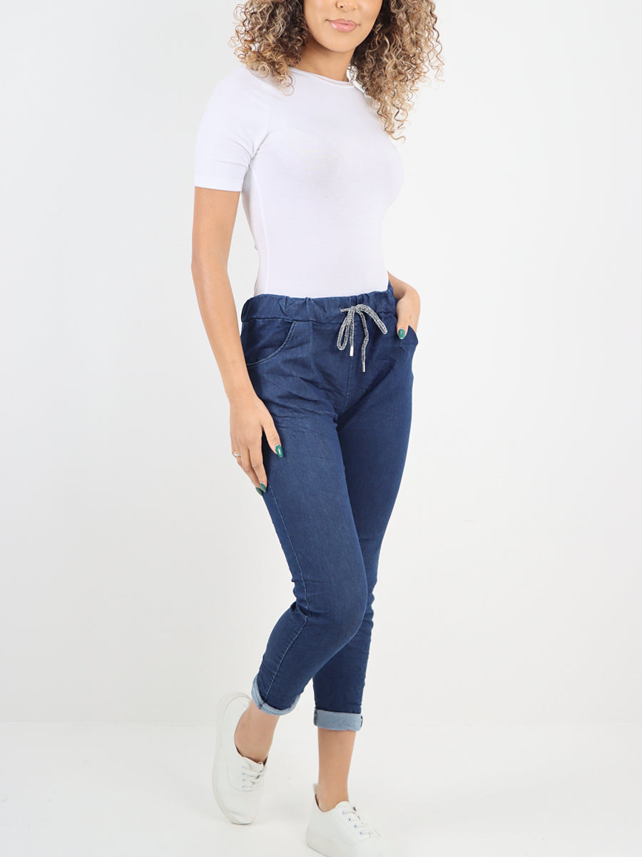 Italian Drawstring Waist Denim Magic Pants - Dark Denim