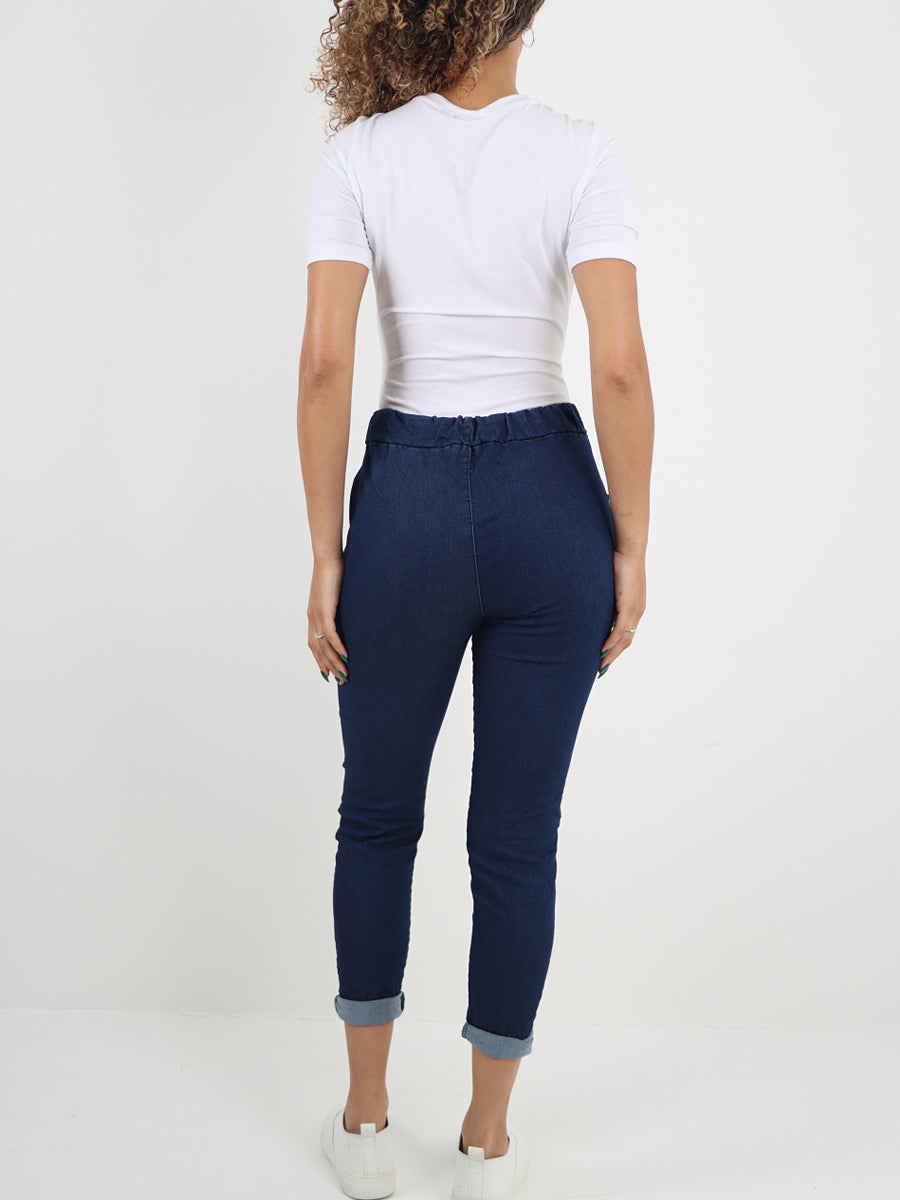 Italian Drawstring Waist Denim Magic Pants - Dark Denim