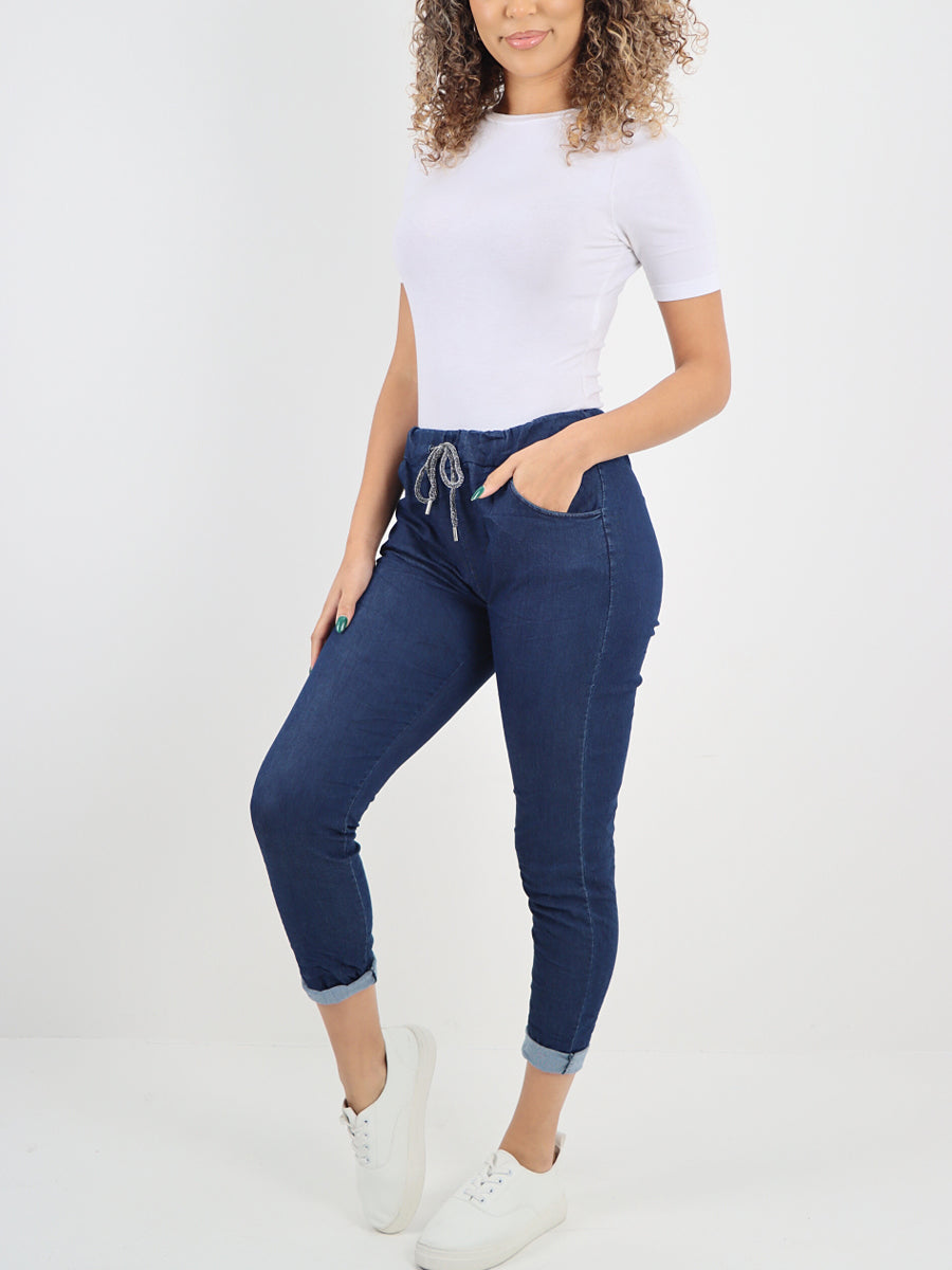 Italian Drawstring Waist Denim Magic Pants - Dark Denim