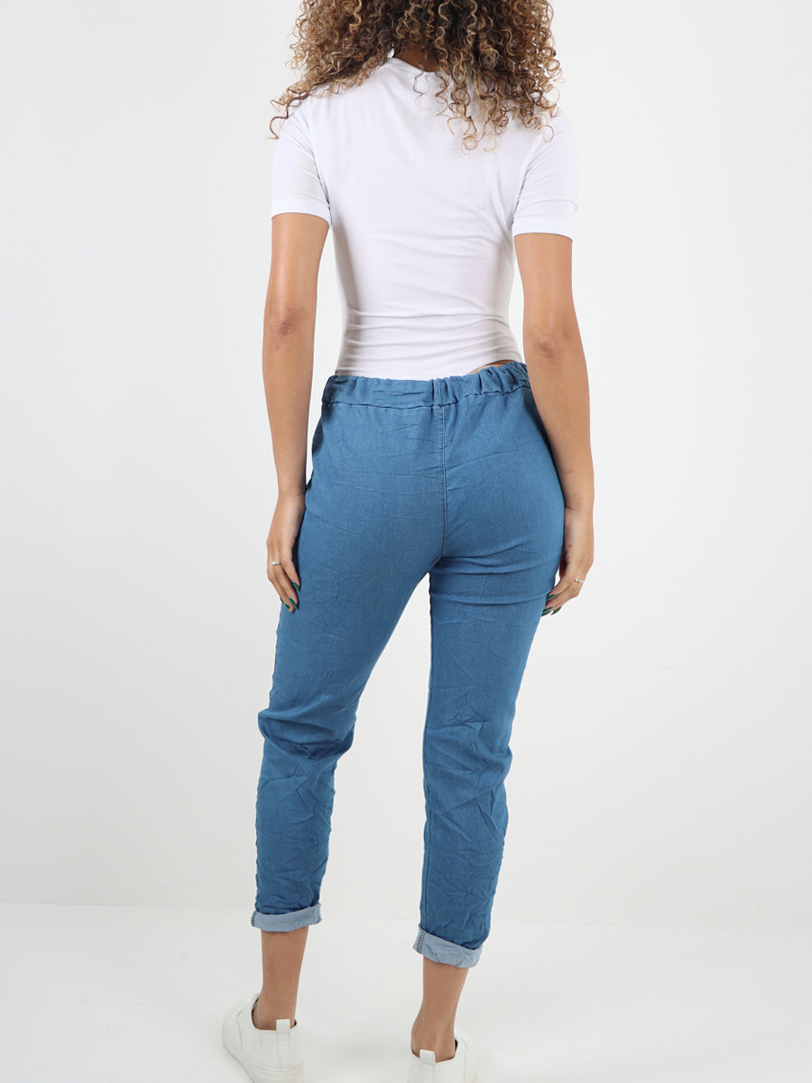 Italian Drawstring Waist Denim Magic Pants - Denim