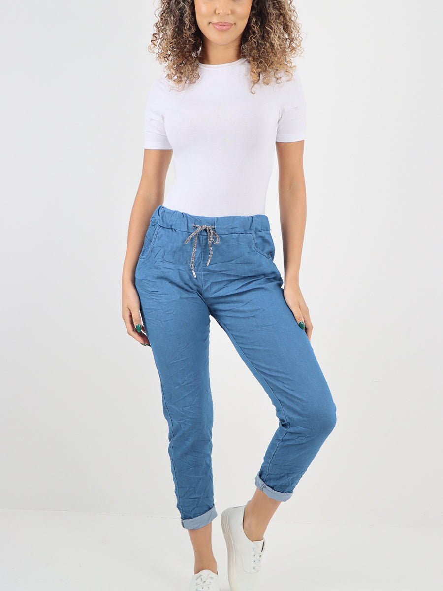 Italian Drawstring Waist Denim Magic Pants - Denim