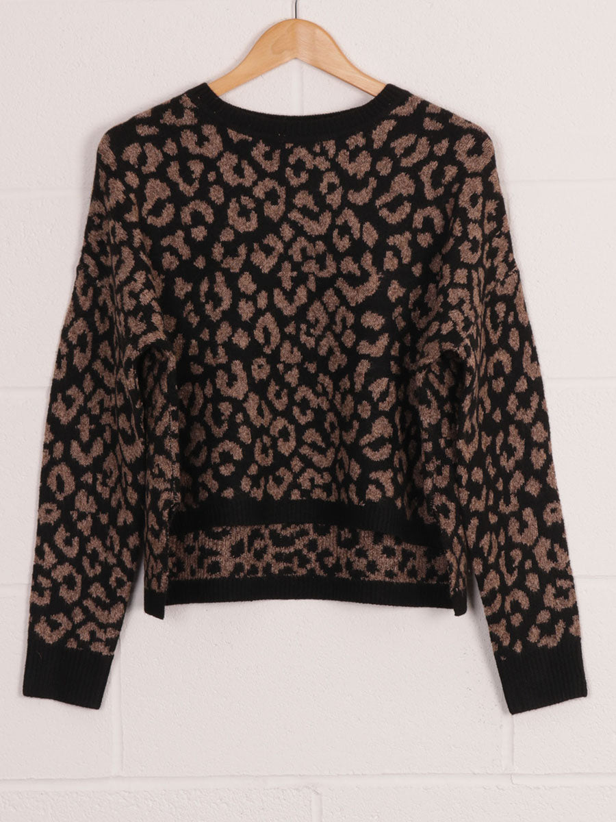 Italian Leopard Print Lana Wool Mix Knitted Jumper - Black