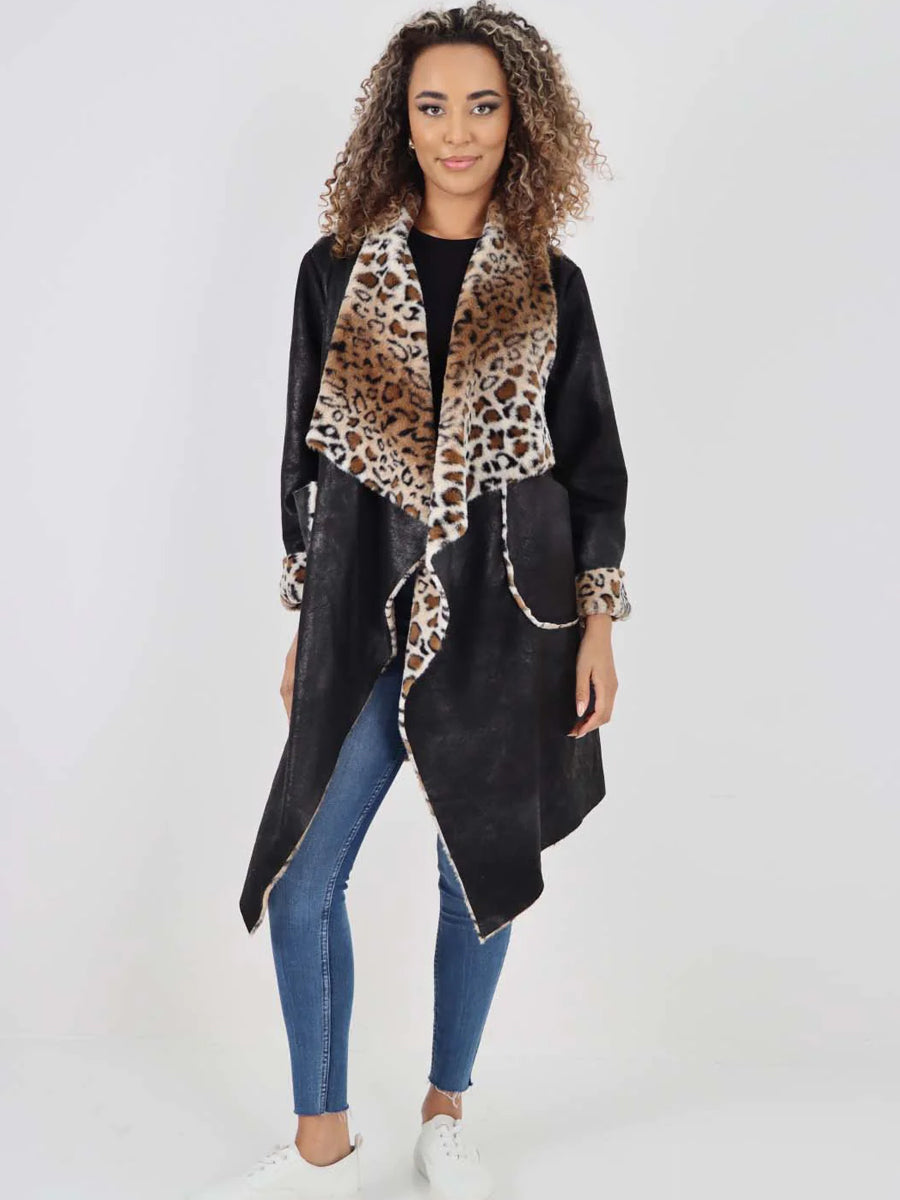 talian Leopard Print Open Front Jacket - Black