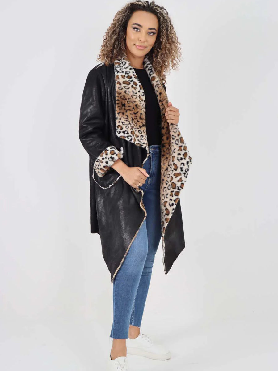 talian Leopard Print Open Front Jacket - Black