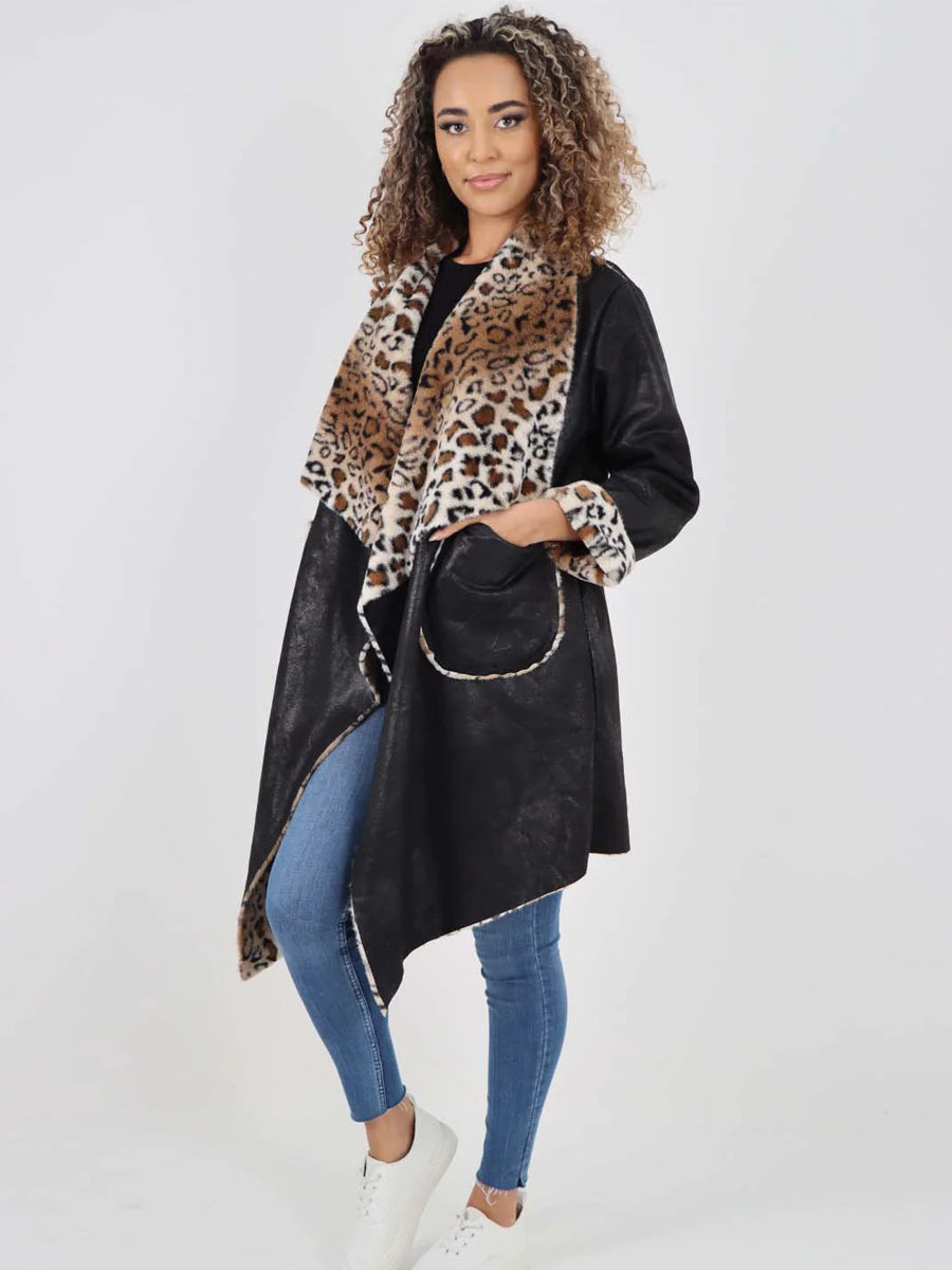 talian Leopard Print Open Front Jacket - Black