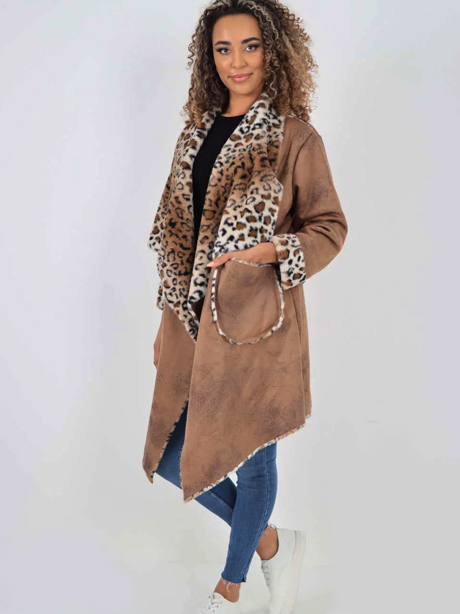 Italian Leopard Print Open Front Jacket - Camel