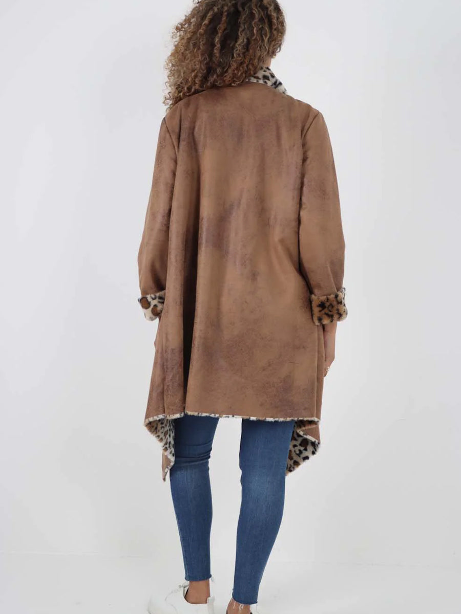 Italian Leopard Print Open Front Jacket - Camel