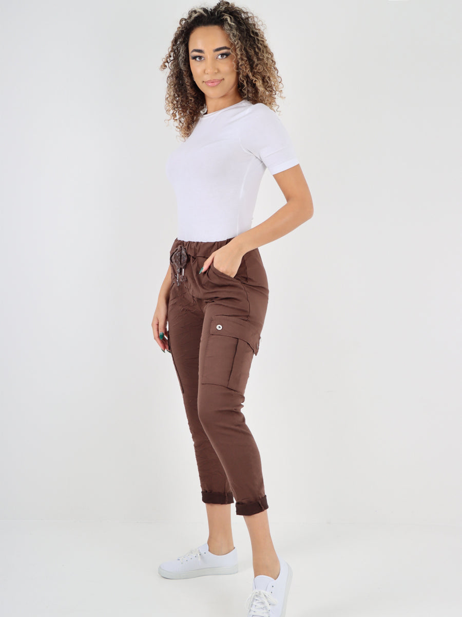 Italian Plain Cargo Magic Pants - Chocolate