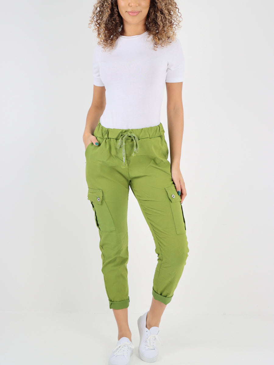 Italian Plain Cargo Magic Pants - Lime Green