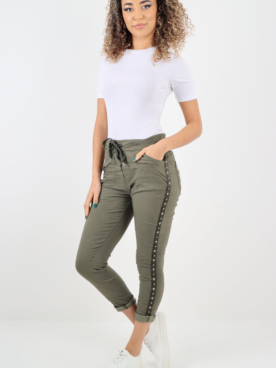 Italian Side Diamante Panel Elasticated Magic Pants - Army Green