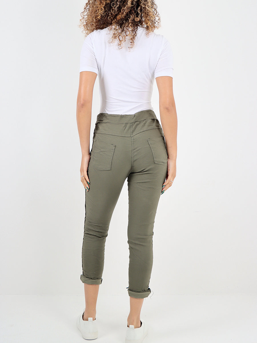 Italian Side Diamante Panel Elasticated Magic Pants - Army Green