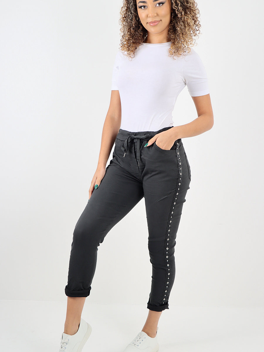 Italian Side Diamante Panel Elasticated Magic Pants - Charcoal