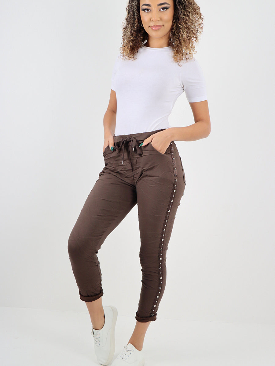 Italian Side Diamante Panel Elasticated Magic Pants - Chocolate