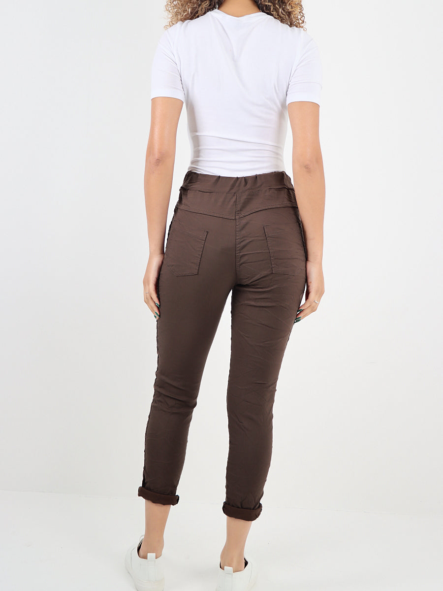 Italian Side Diamante Panel Elasticated Magic Pants - Chocolate