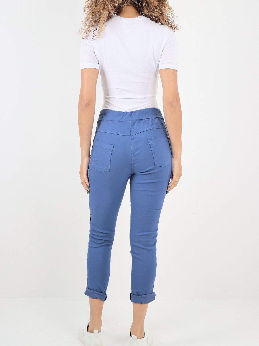 Italian Side Diamante Panel Elasticated Magic Pants - Dark Denim