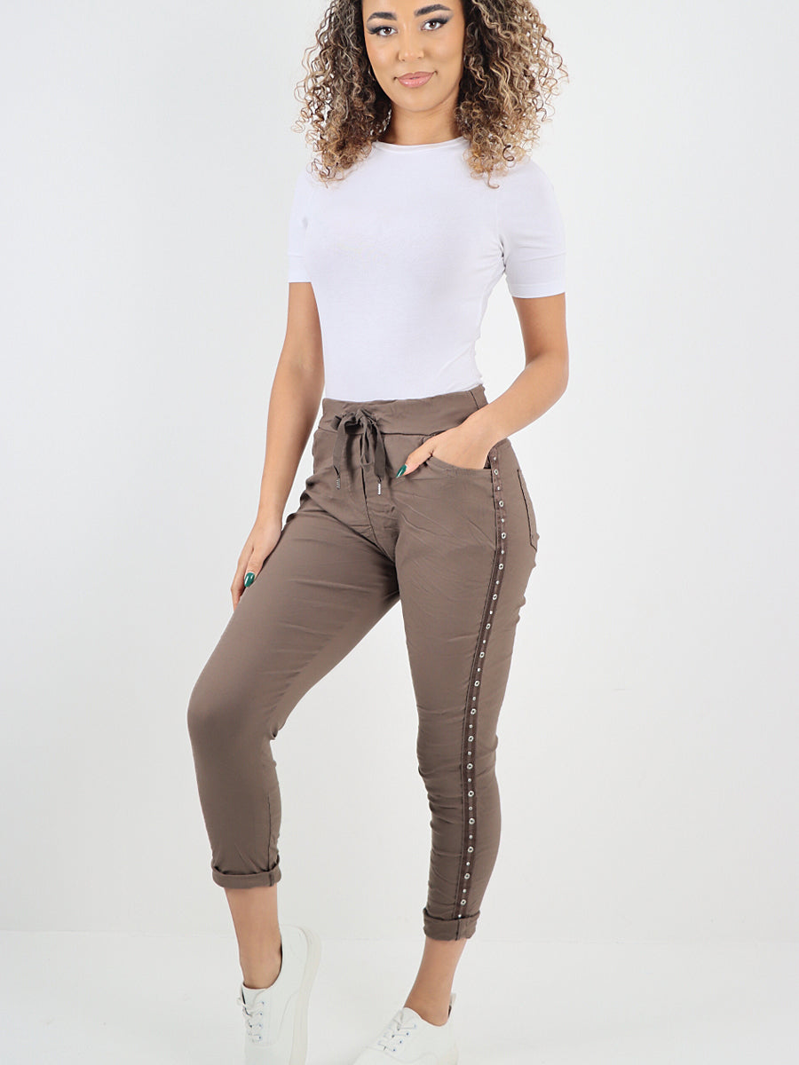 Italian Side Diamante Panel Elasticated Magic Pants - Dark Mocha