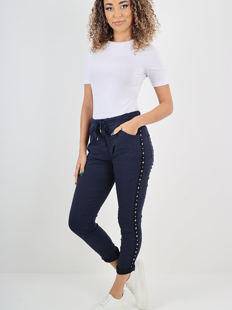 Italian Side Diamante Panel Elasticated Magic Pants - Navy