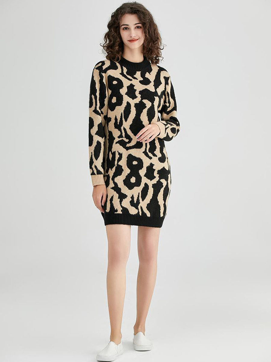 Italian Wool Mix Animal Printed Knitted Jumper Dress - Black/Camel