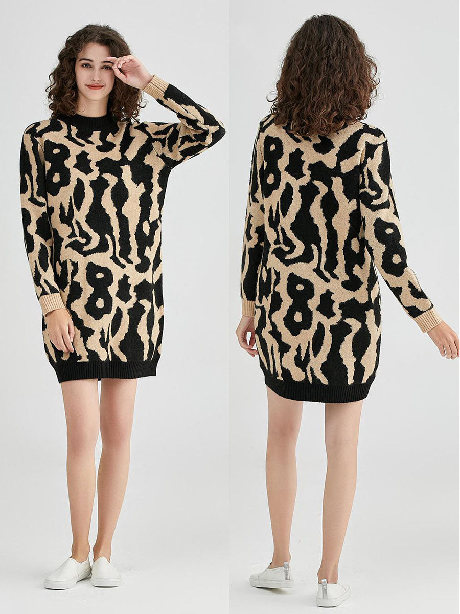 Italian Wool Mix Animal Printed Knitted Jumper Dress - Black/Camel